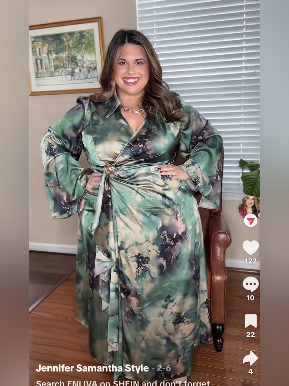 Plus Green Floral Satin Wrap Dress